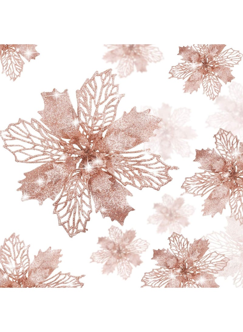 SYOSI 10 Pack Rose Gold Glitter Poinsettia Flowers Tree Ornaments for Christmas Decoration - Image 1